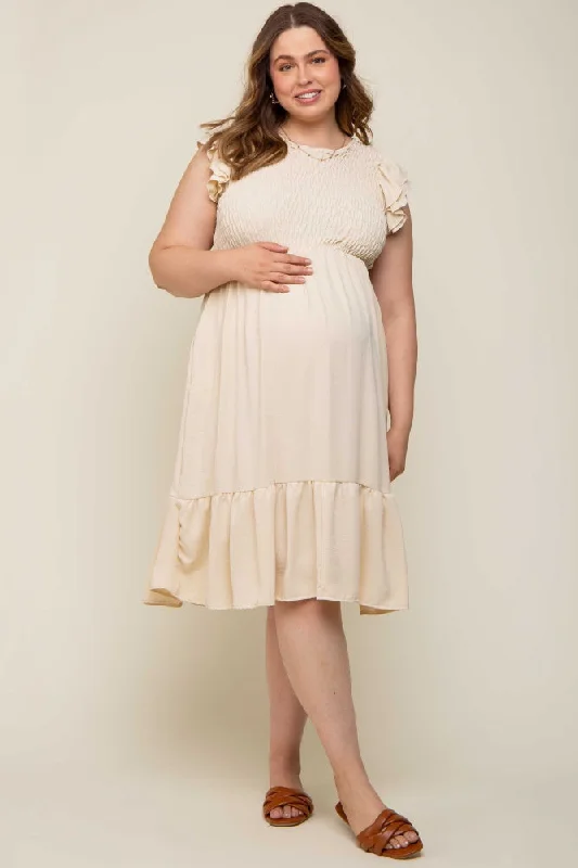 Beige Smocked Layered Ruffle Flutter Sleeve Maternity Plus Midi Dress Elegant Velvet Midi Dress