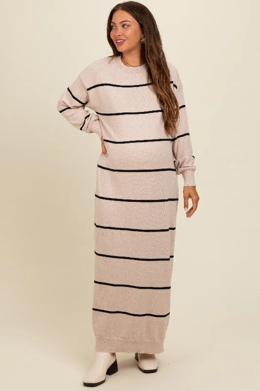 Beige Striped Knit Drop Shoulder Maternity Midi Dress Trendy Mock Neck Midi Dress