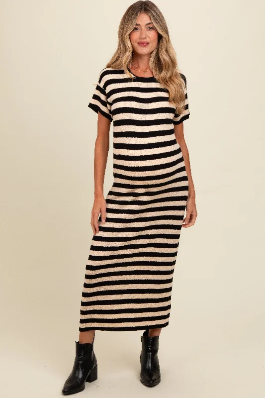 Beige Striped Knit Maternity Midi Dress Comfortable Geometric Print Midi Dress