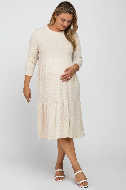 Beige Tiered Ribbed 3/4 Sleeve Plus Maternity Midi Dress Elegant Pleated Sleeve Midi Dress