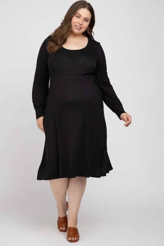 Black Bubble Sleeve Maternity Plus Midi Dress Comfortable Adjustable Strap Midi Dress