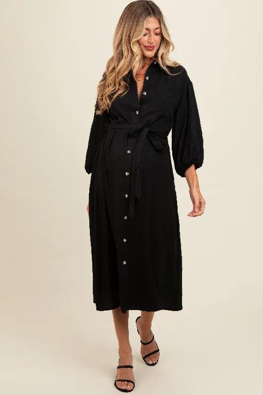 Black Button Down Maternity Midi Dress Elegant Faux Wrap Midi Dress