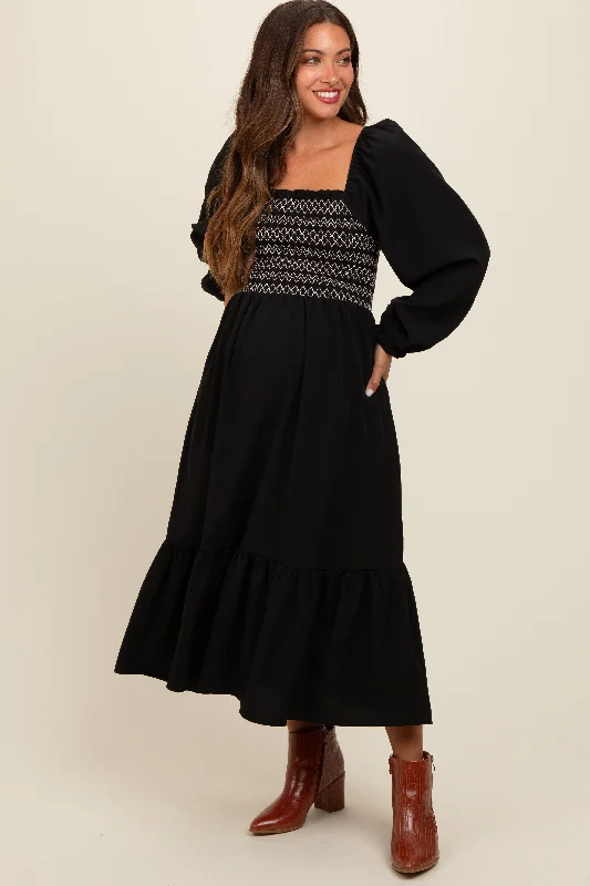 Black Contrast Smocked Balloon Sleeve Maternity Midi Dress Chic Lace Detail Midi Dress