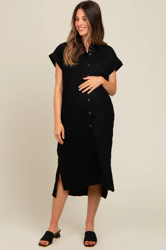 Black Corduroy Button Down Maternity Midi Dress Trendy Boho Midi Dress