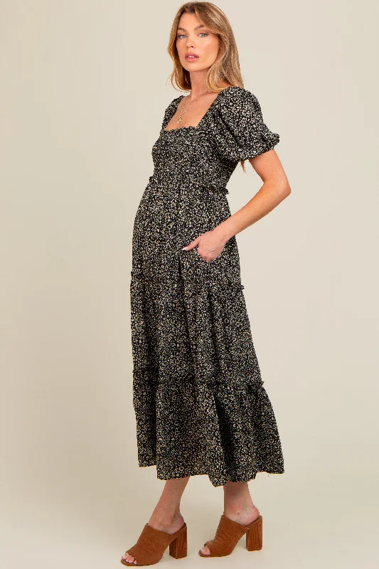 Black Floral Leopard Print Maternity Midi Dress Stylish Pleated Skirt Midi Dress