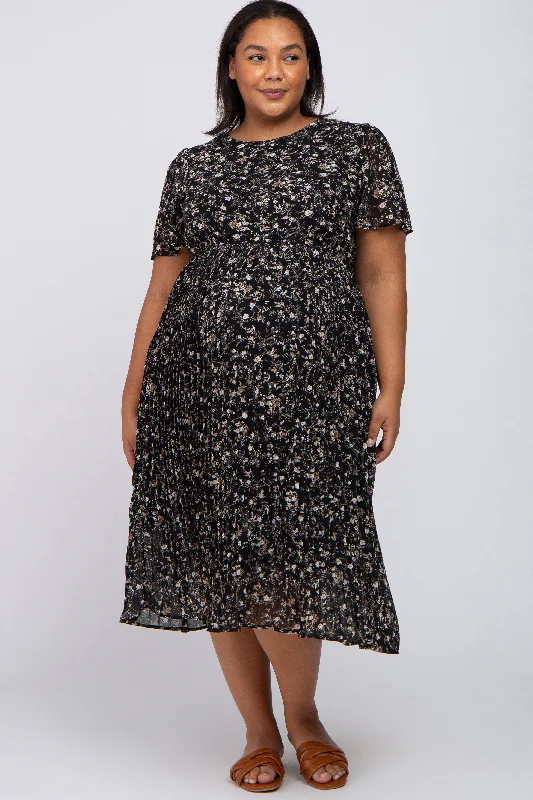 Black Floral Pleated Chiffon Maternity Plus Midi Dress Elegant Floral Appliqué Midi Dress