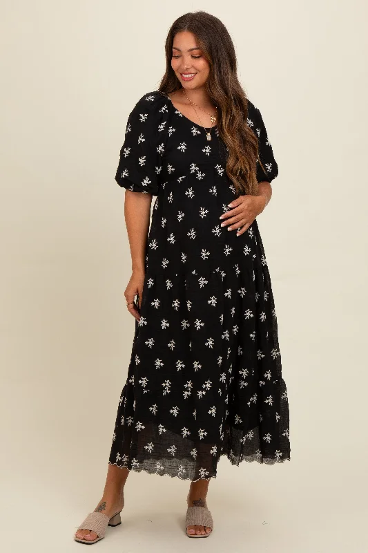 Black Floral Puff Sleeve Maternity Midi Dress Elegant Floral Skirt Midi Dress