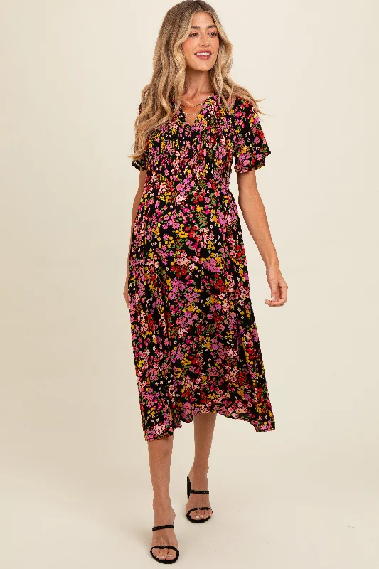 Black Floral Smocked Button Up Maternity Midi Dress Comfortable Button Front Midi Dress