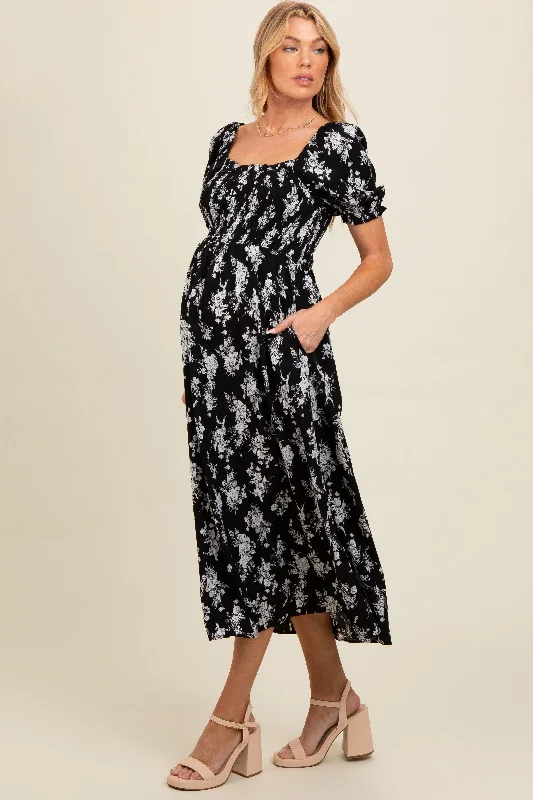 Black Floral Smocked Sweetheart Neckline Maternity Midi Dress Comfortable Lace-Up Midi Dress