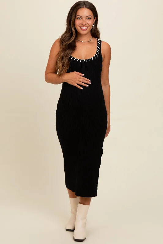 Black Knit Contrast Stitch Detail Maternity Midi Dress Fashionable Polka Dot Midi Dress