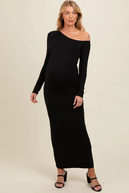 Black One Shoulder Long Sleeve Maternity Midi Dress Elegant Puff Sleeve Midi Dress