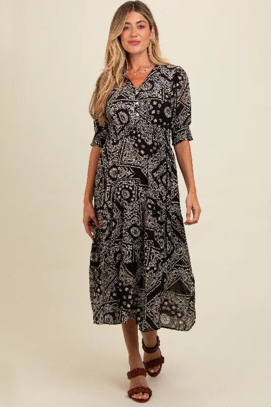 Black Paisley Button Front V-Neck Tiered Maternity Midi Dress Stylish Silk Midi Dress