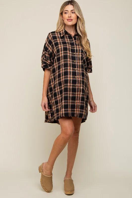 Black Plaid Oversized Maternity Mini Dress Comfortable Shift Mini Dress