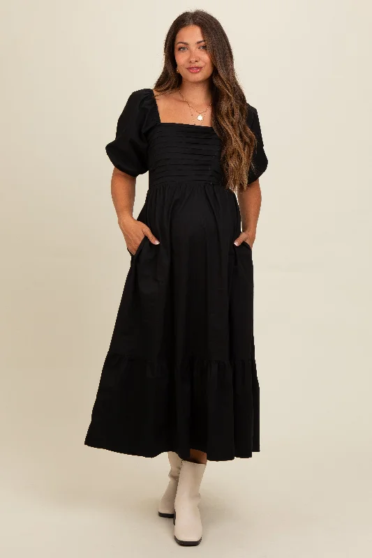 Black Pleated Bodice Puff Sleeve Maternity Midi Dress Stylish Button-Down Midi Dress