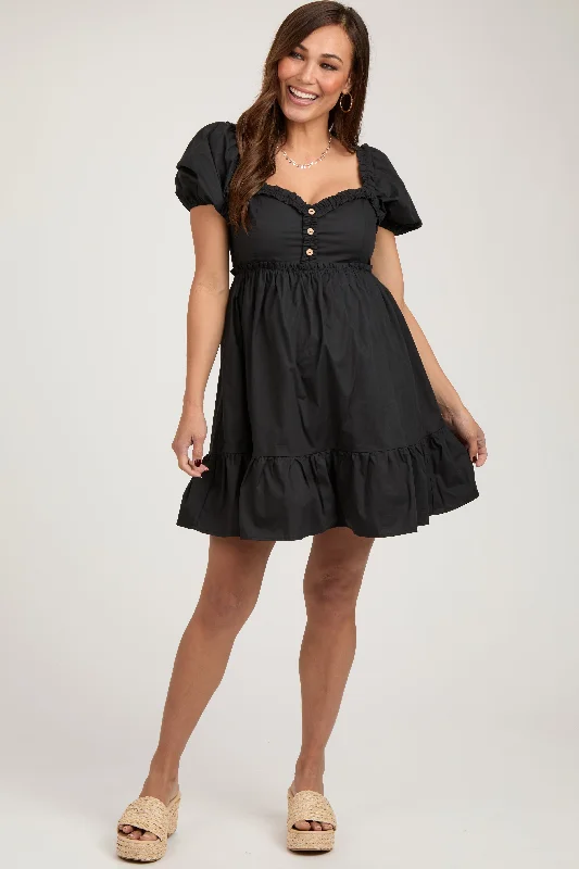 Black Puff Sleeve Ruffle Accent Maternity Mini Dress Comfortable Fit-and-Flare Mini Dress