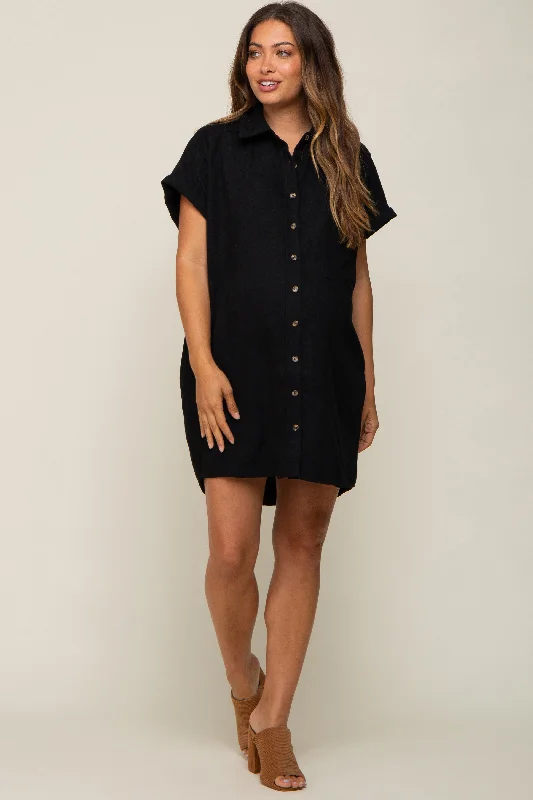 Black Ribbed Button Down Maternity Mini Dress Stylish Ruffle Mini Dress