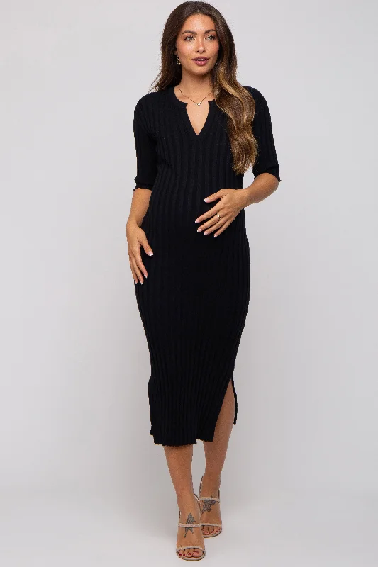 Black Ribbed Knit Maternity Midi Dress Chic Floral Print Midi Dress