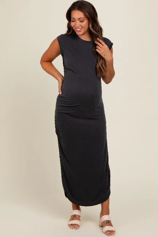 Black Ruched Side Slit Maternity Midi Dress Comfortable Wrap Midi Dress