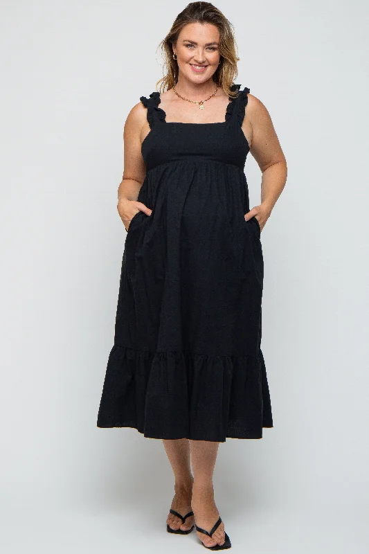 Black Ruffle Strap Back Tie Maternity Plus Midi Dress Fashionable High-Low Midi Dress