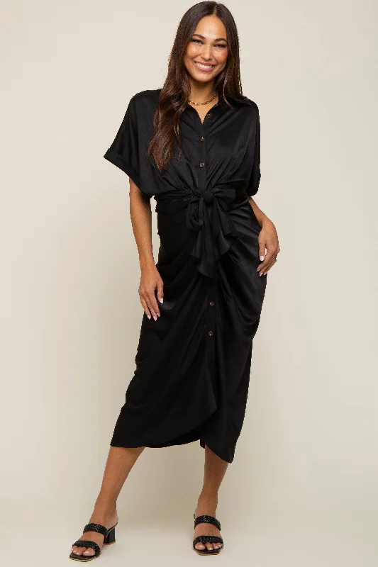 Black Satin Button Down Gathered Maternity Midi Dress Classic Black Midi Dress