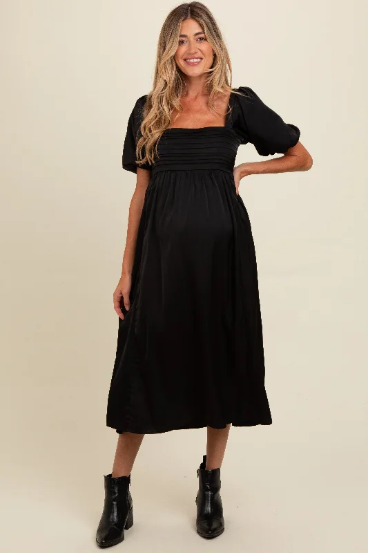 Black Satin Pleated Bodice Puff Sleeve Maternity Midi Dress Fashionable High-Neck Midi Dress