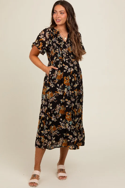 Black Smocked Floral Maternity Midi Dress Trendy Boho Midi Dress