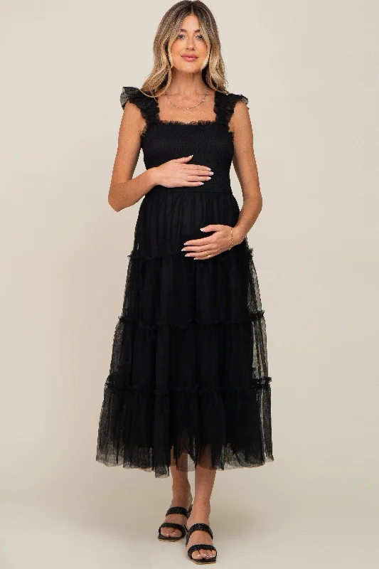 Black Smocked Mesh Ruffle Accent Maternity Midi Dress Stylish Vintage Midi Dress