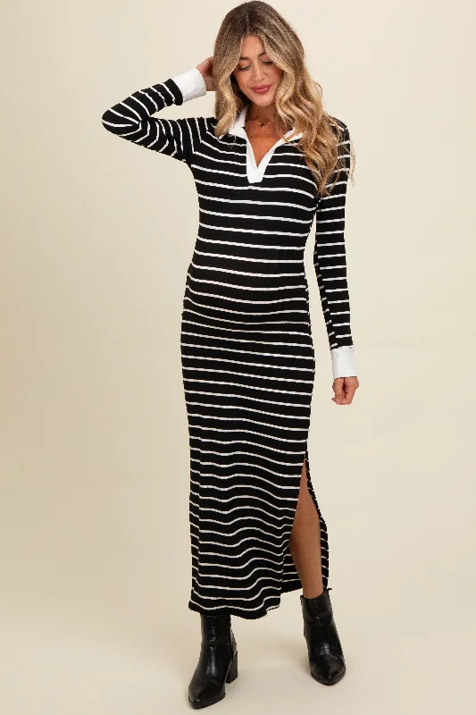 Black Striped Collared Long Sleeve Maternity Midi Dress Fashionable Wide Leg Midi Dress