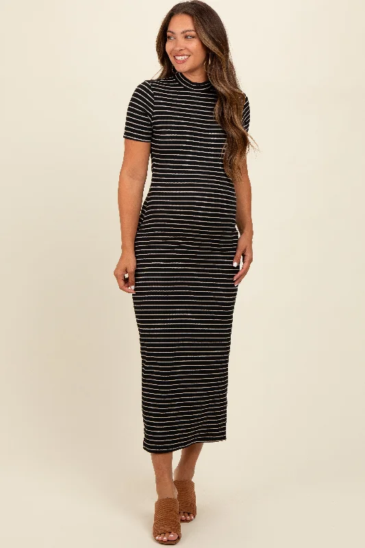 Black Striped Mock Neck Fitted Maternity Midi Dress Fashionable Shift Midi Dress