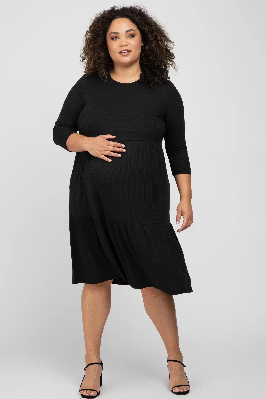 Black Tiered Ribbed 3/4 Sleeve Plus Maternity Midi Dress Elegant Sleeveless Midi Dress