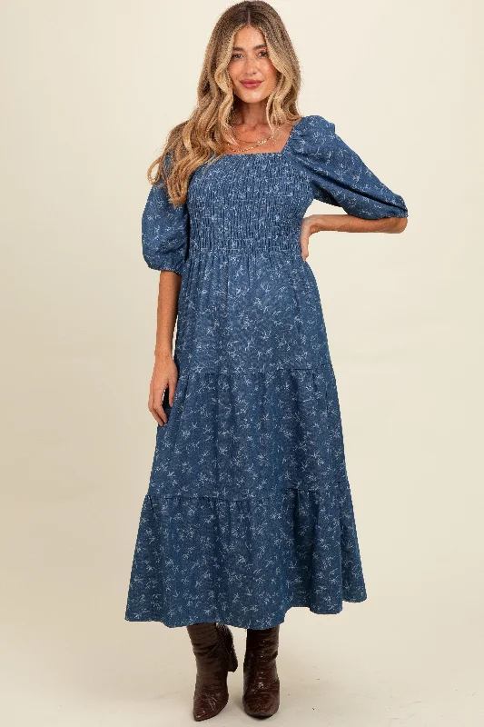 Blue Chambray Printed Smocked Maternity Midi Dress Trendy Square Neck Midi Dress