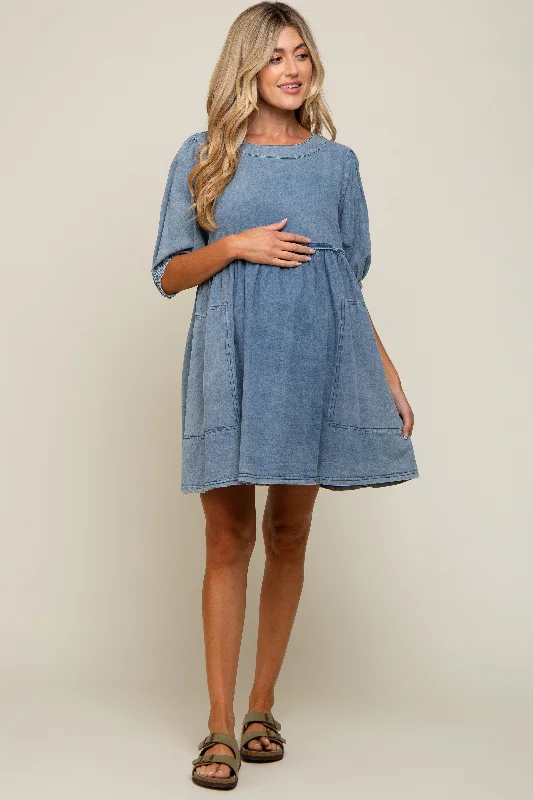 Blue Faded Denim Chambray Maternity Mini Dress Elegant Lace-Up Mini Dress