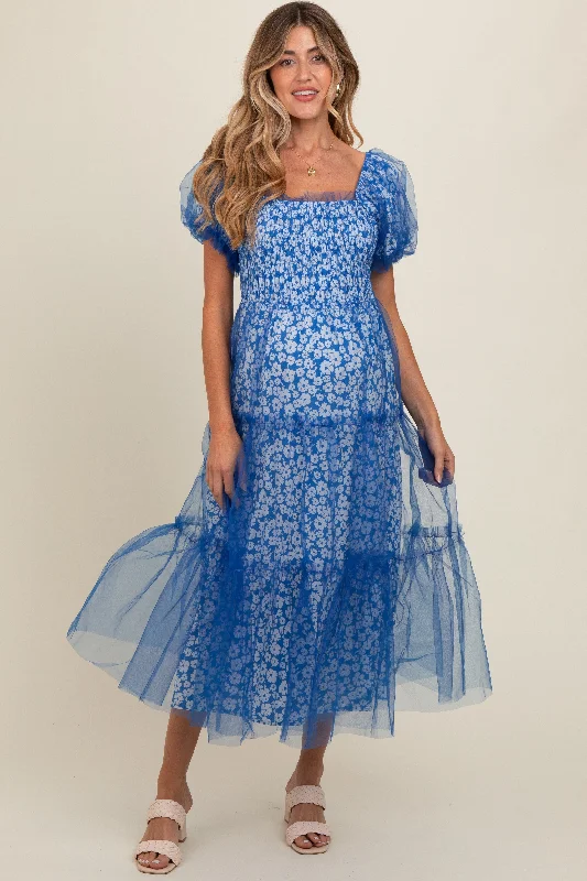 Blue Floral Lined Smocked Tulle Maternity Midi Dress Trendy Boho Midi Dress