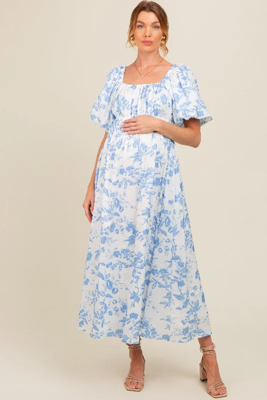 Blue Floral Puff Sleeve Maternity Midi Dress Fashionable A-Line Midi Dress