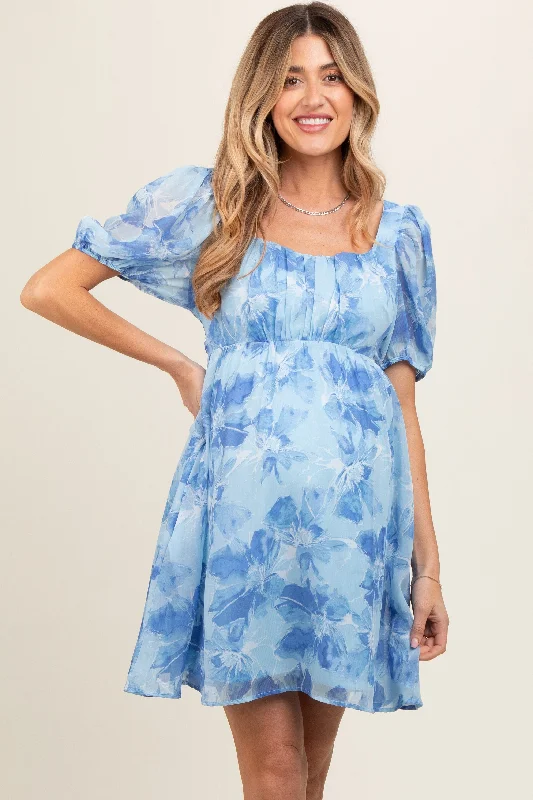 Blue Floral Puff Sleeve Maternity Mini Dress Fashionable Polka Dot Mini Dress