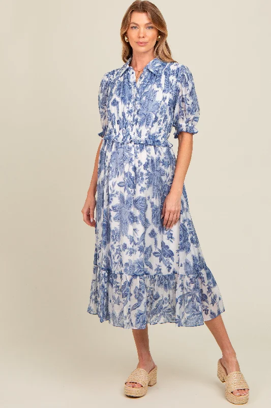 Blue Floral Ruffle Accent Button Up Maternity Midi Dress Trendy Midi Dress with Belt