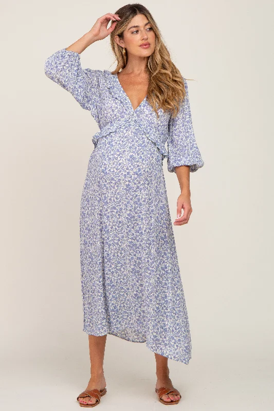 Blue Floral Ruffle V-Neck Maternity Midi Dress Fashionable A-Line Midi Dress