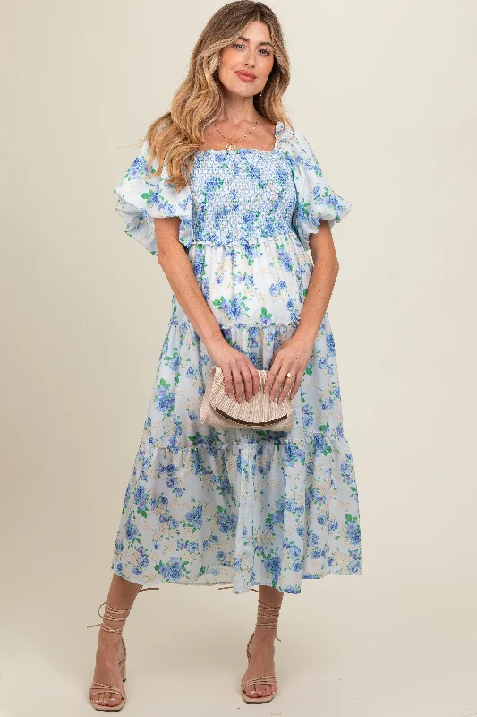 Blue Floral Smocked Puff Sleeve Maternity Midi Dress Comfortable Stretch Midi Dress