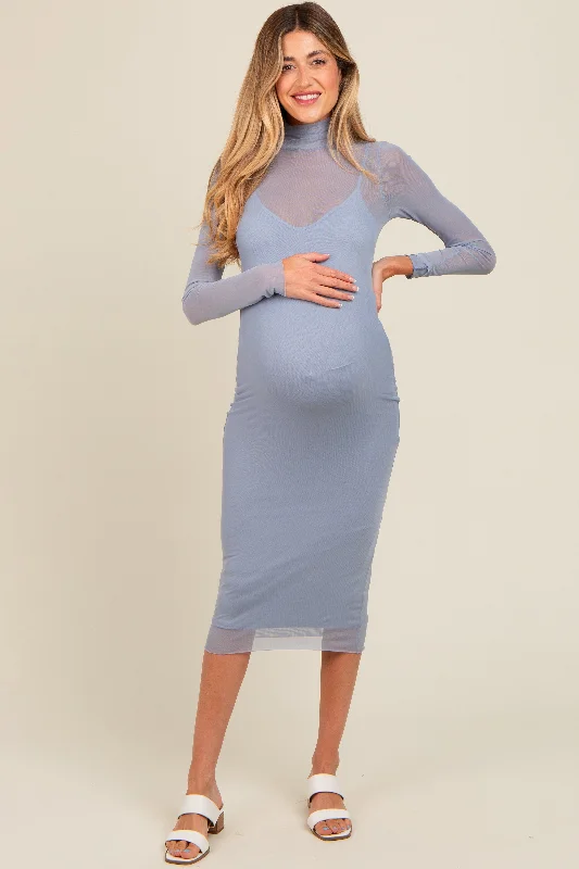 Blue Mesh Overlay Fitted Maternity Midi Dress Comfortable Denim Midi Dress