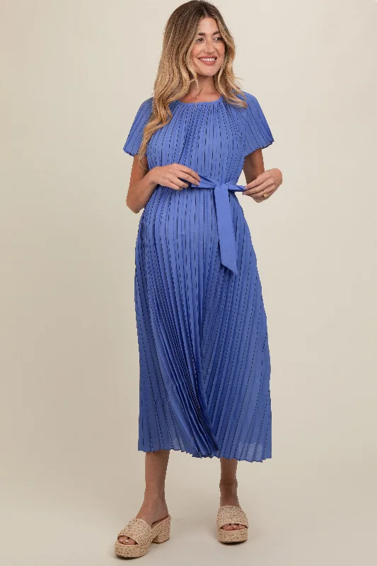 Blue Pleated Sash Tie Maternity Midi Dress Trendy Floral Wrap Midi Dress