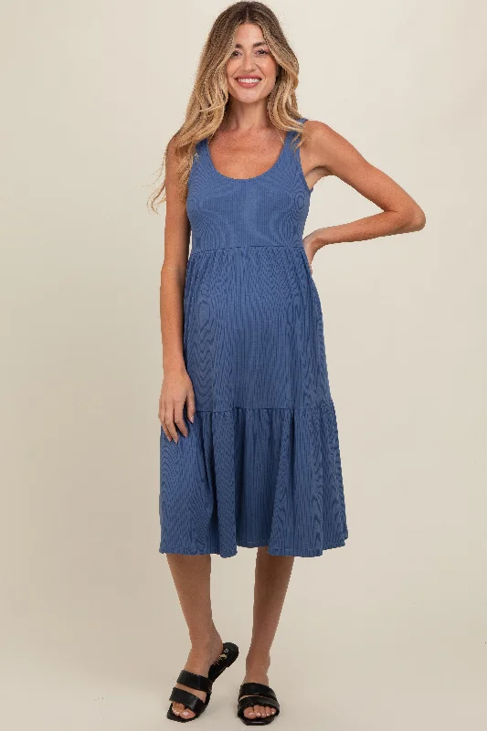 Blue Tiered Sleeveless Maternity Midi Dress Chic Lace Detail Midi Dress