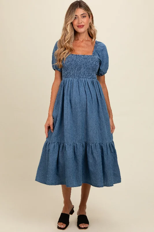 Blue Vintage Wash Chambray Smocked Maternity Midi Dress Comfortable Fit-and-Flare Midi Dress