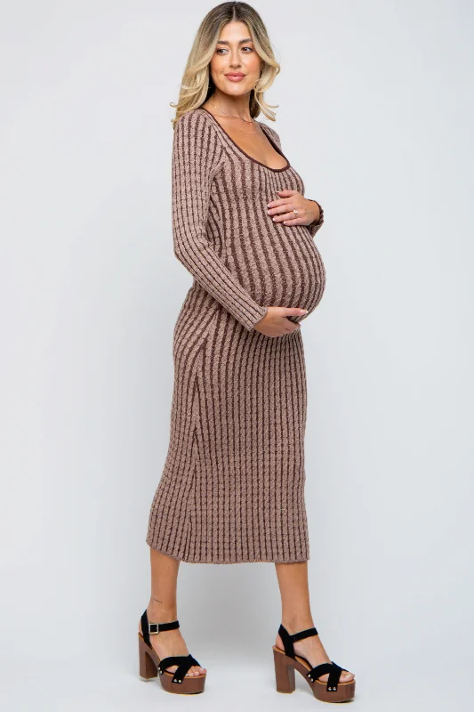 Brown Cable Knit Maternity Fitted Midi Dress Stylish Long Sleeve Floral Midi Dress