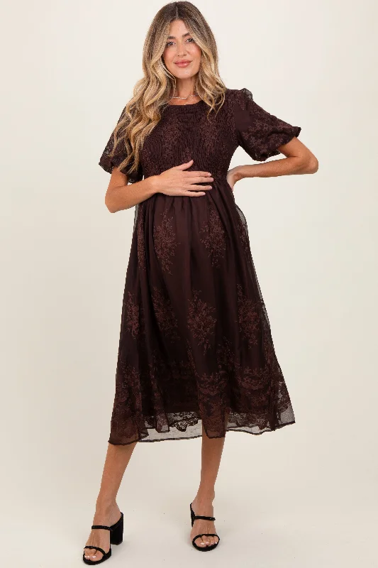 Brown Floral Embroidered Mesh Overlay Smocked Maternity Midi Dress Comfortable Lace-Up Midi Dress