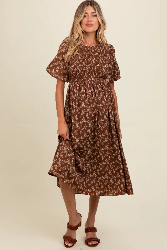 Brown Floral Smocked Maternity Midi Dress Comfortable Ribbed Midi Dress