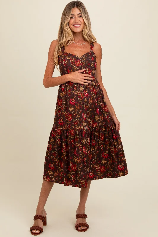 Brown Floral Sweetheart Neck Button Down Maternity Midi Dress Chic Off-Shoulder Midi Dress