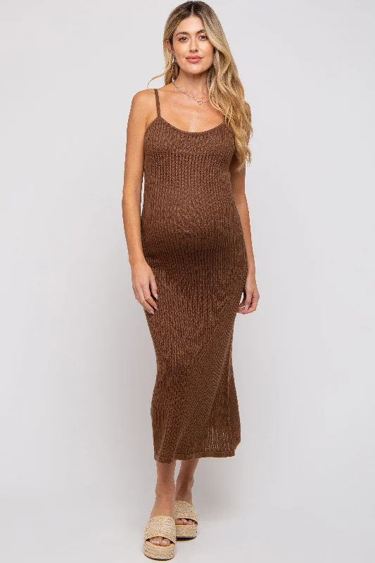 Brown Open Knit Crochet Maternity Midi Dress Comfortable Ruched Midi Dress