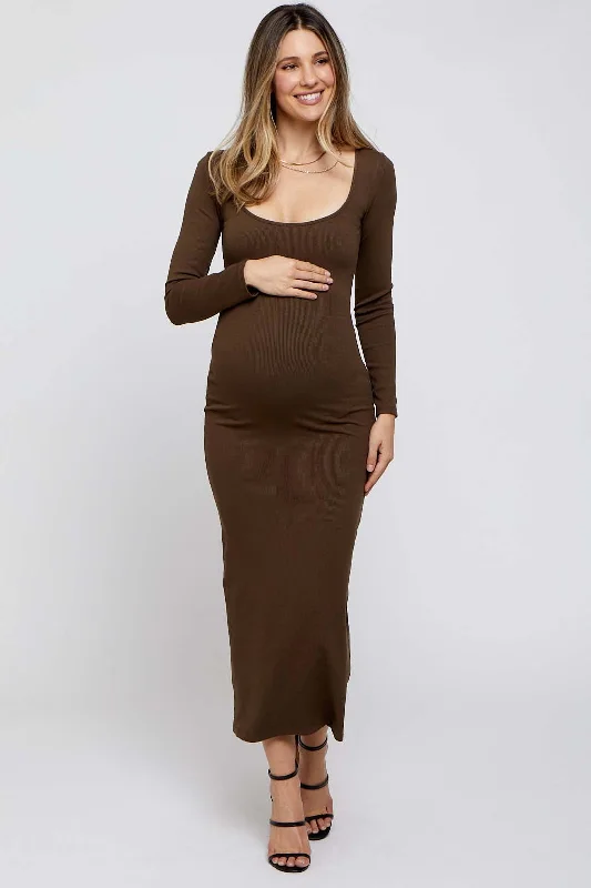 Brown Ribbed Scoop Neck Maternity Midi Dress Trendy Bodycon Midi Dress