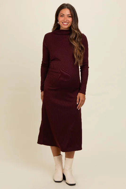 Brown Ruffle Mock Neck Long Sleeve Maternity Midi Dress Trendy Knit Midi Dress