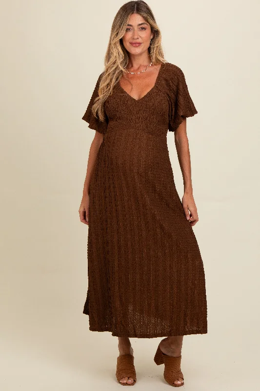 Brown Smocked V-Neck Short Puff Sleeve Textured Maternity Midi Dress Comfortable Denim Midi Dress